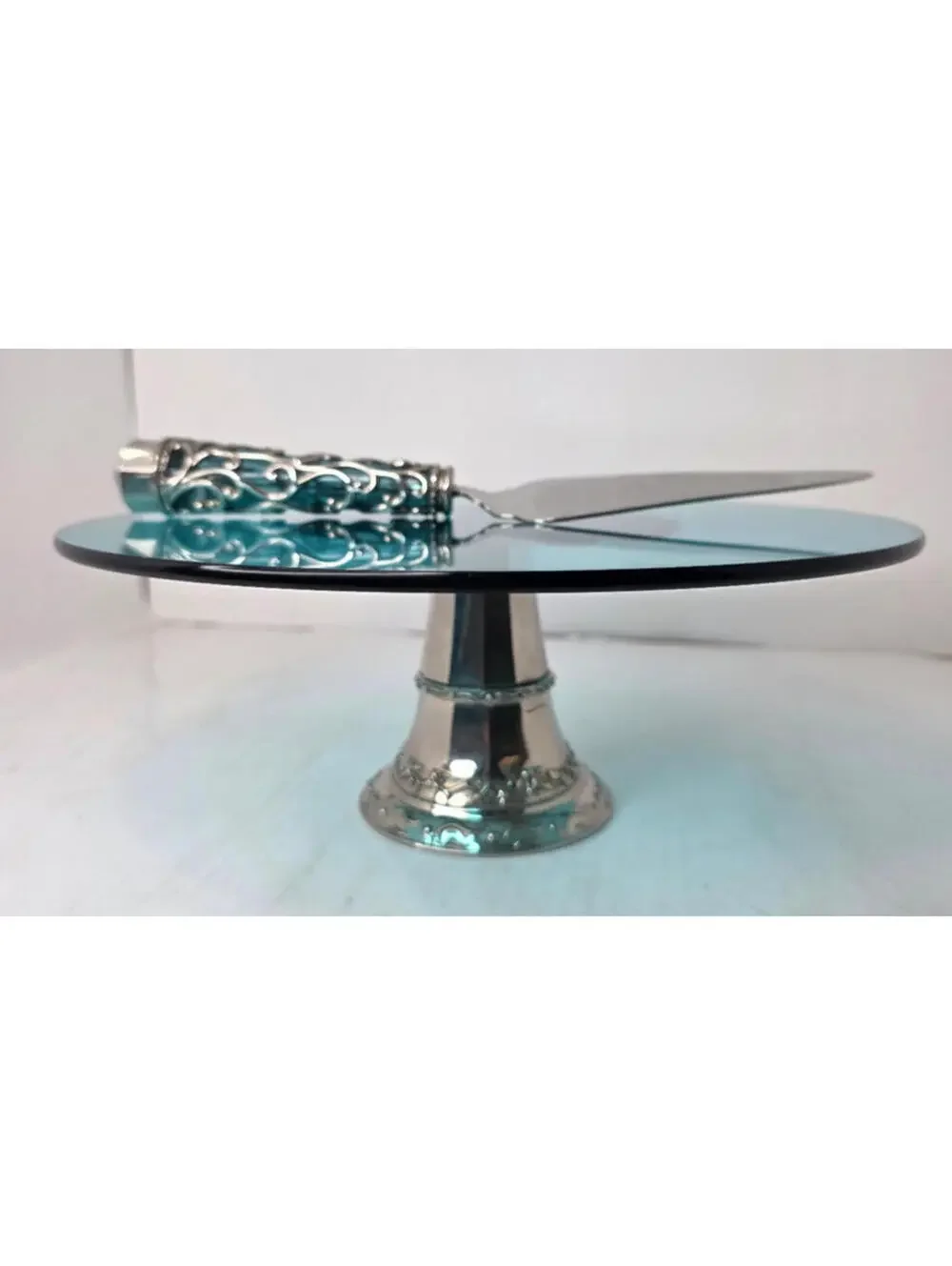 Cake Plate & Server Teal/Turquoise Blue & Silver Plated Glass
